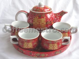 Chinese Style "Double Happiness" Wedding Ceramic Tea Pot and 4 Cup Set